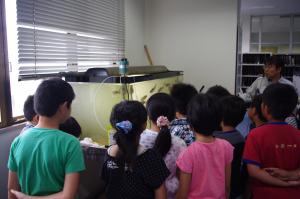東大崎・東小野田・瀬峰小学校の皆さんが魚類水槽説明をうけている写真です