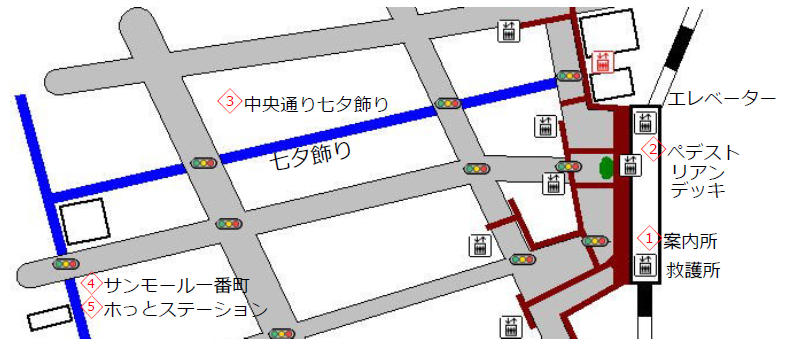 仙台駅と七夕飾りが見られる通りの地図画像