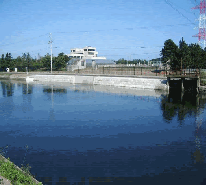 事務所管理棟と貞山運河の写真
