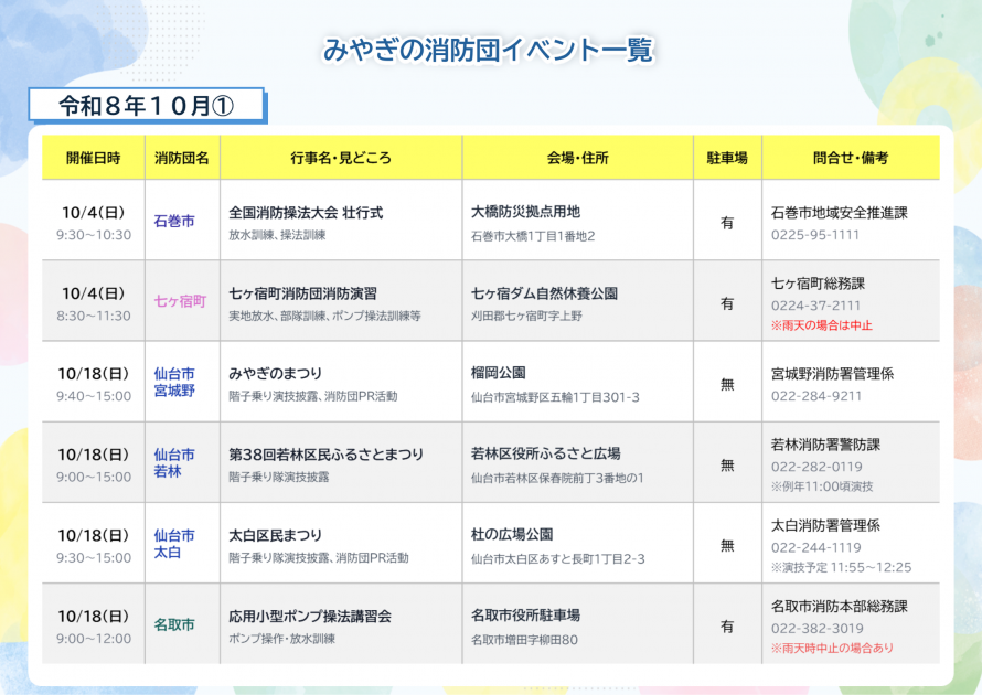みやぎの消防団イベント一覧（令和8年10月①更新）