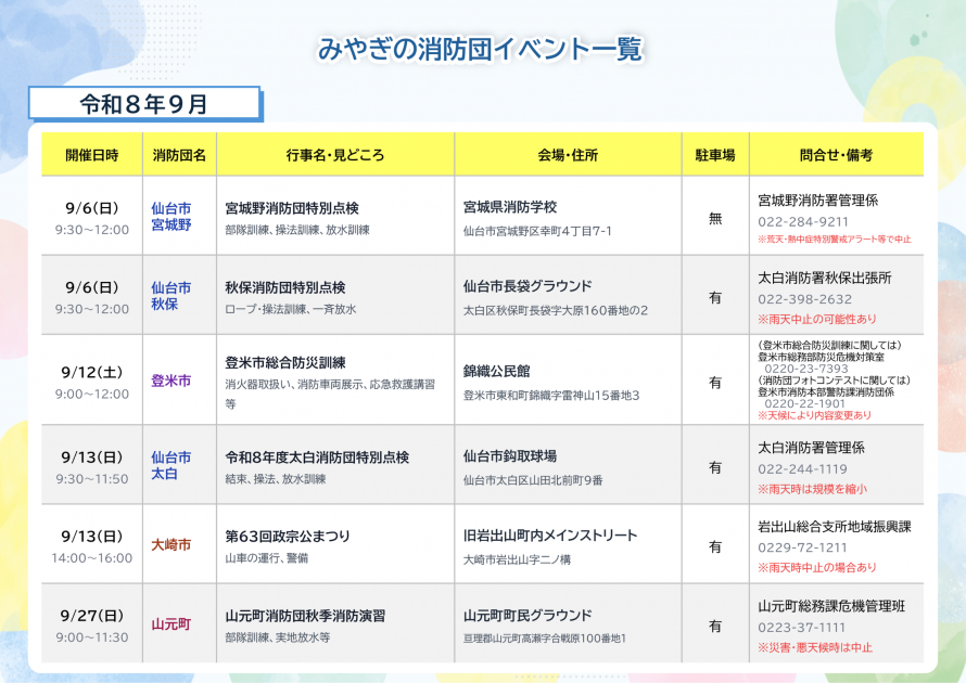 みやぎの消防団イベント一覧（令和8年9月）